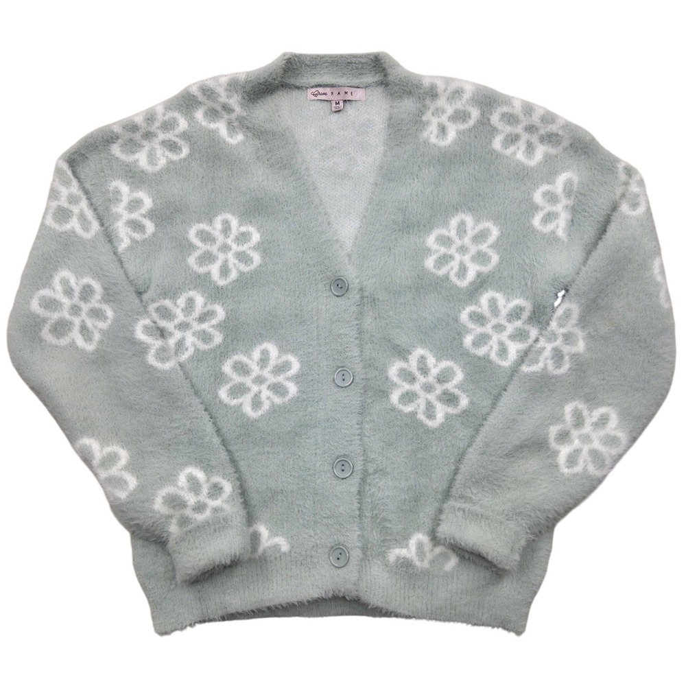 Crave Fame Fuzzy Floral Button-Up Eyelash Cardigan Green‎ Womens Medium